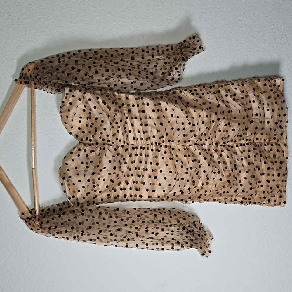 MAJORELLE Tan And Black Polka Dots Ruched Bodycon Mini Off The Shoulder Dress S - Picture 3 of 10